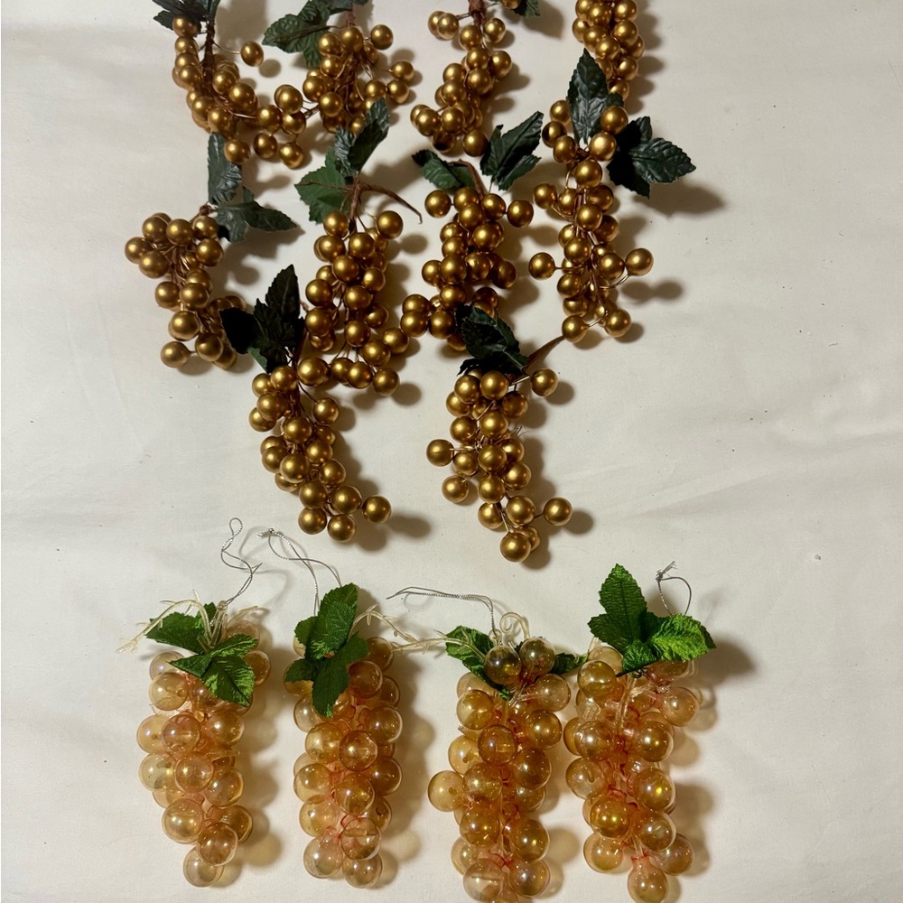 Twelve Holiday grapevine bunches; four of which are hanging tree ornaments